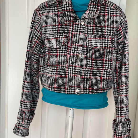 Brand new Charlotte russe Red black and white plaid bomber jacket, size S - Picture 4 of 7